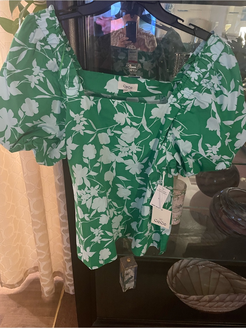 CeCe Green and White Floral Puff-Sleeve Square Neck Top